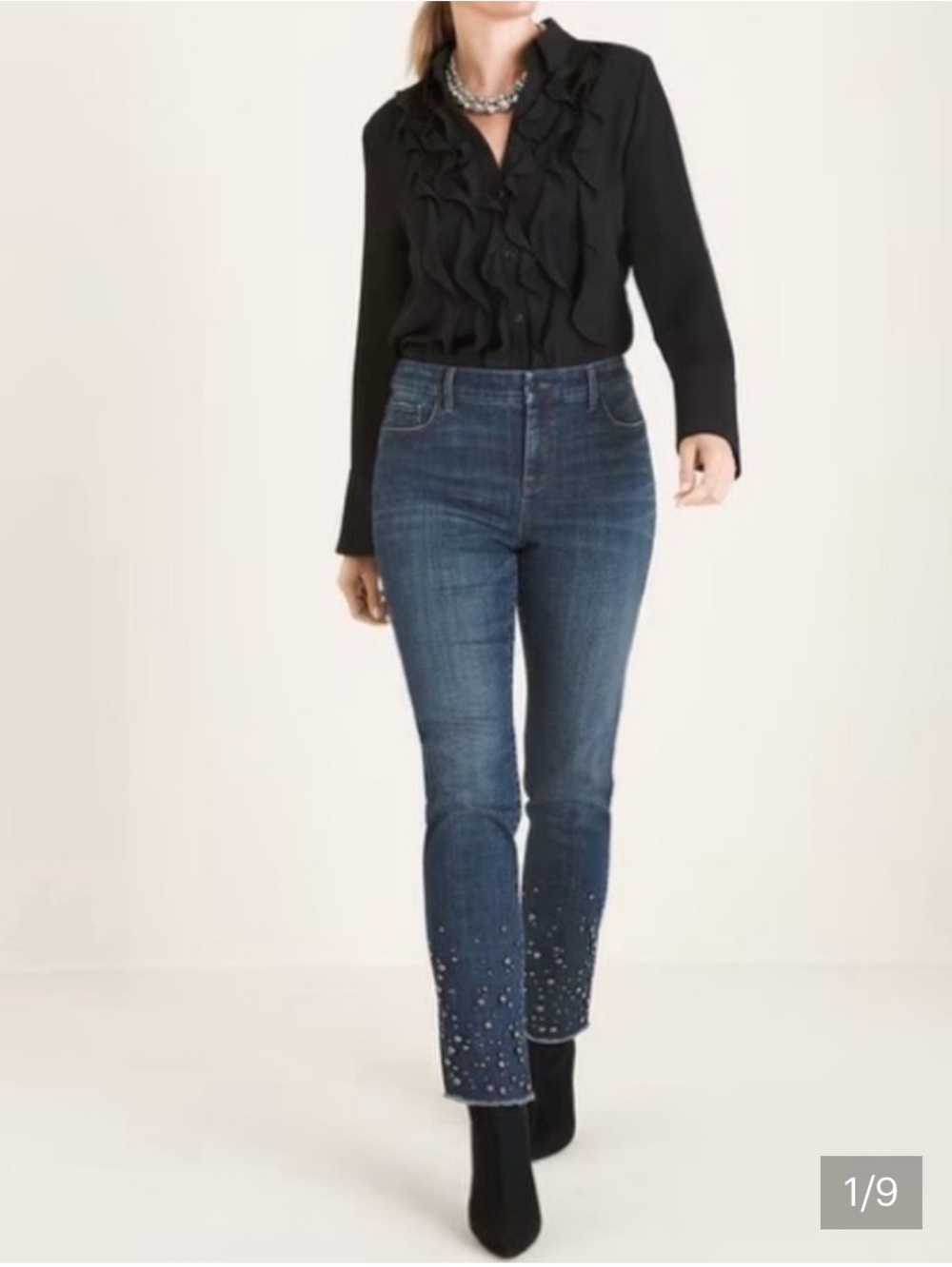 Chicos Girlfriend Slim Leg Beaded Ankle Jeans - Dark Blue Denim 1.5R